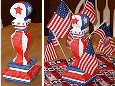 Inexpensive wooden post toppers stack to make a fun, kid-tough Fourth of July decoration for tables and more.